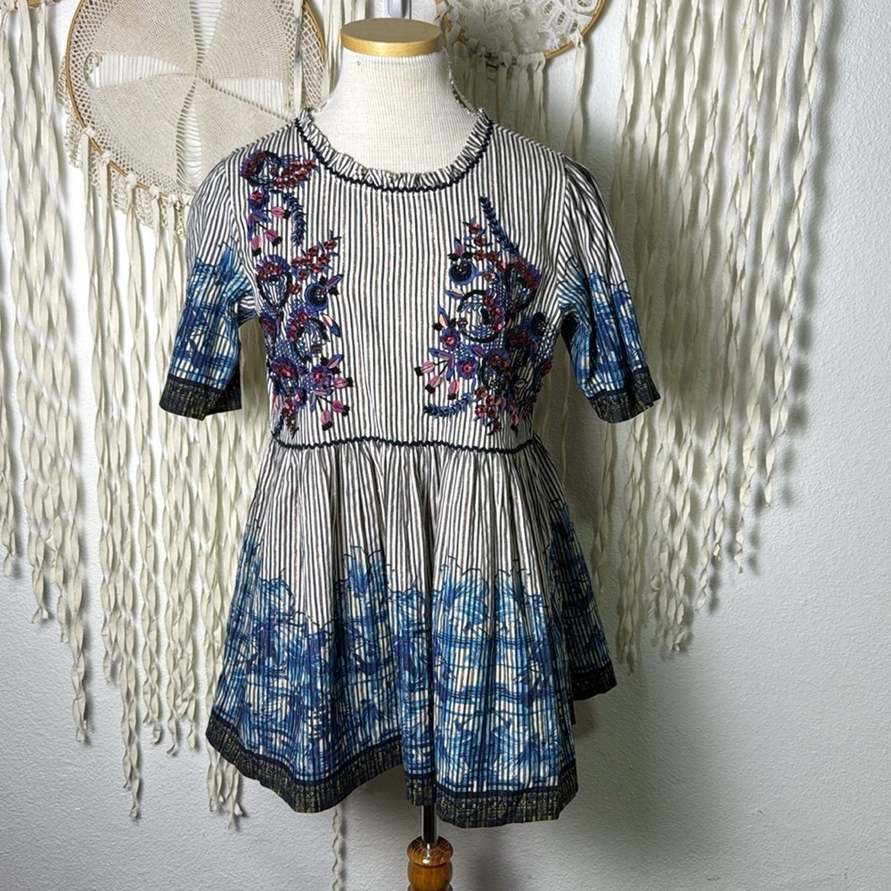 Anthropologie | Bhanuni by Jyoti Stripes Mixed Media Beaded Babydoll Top Small